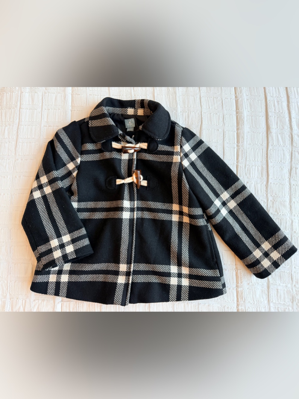 Baby Gap Black Plaid Wool Blend Toggle Coat Jacket Toddler Unisex Size 4T